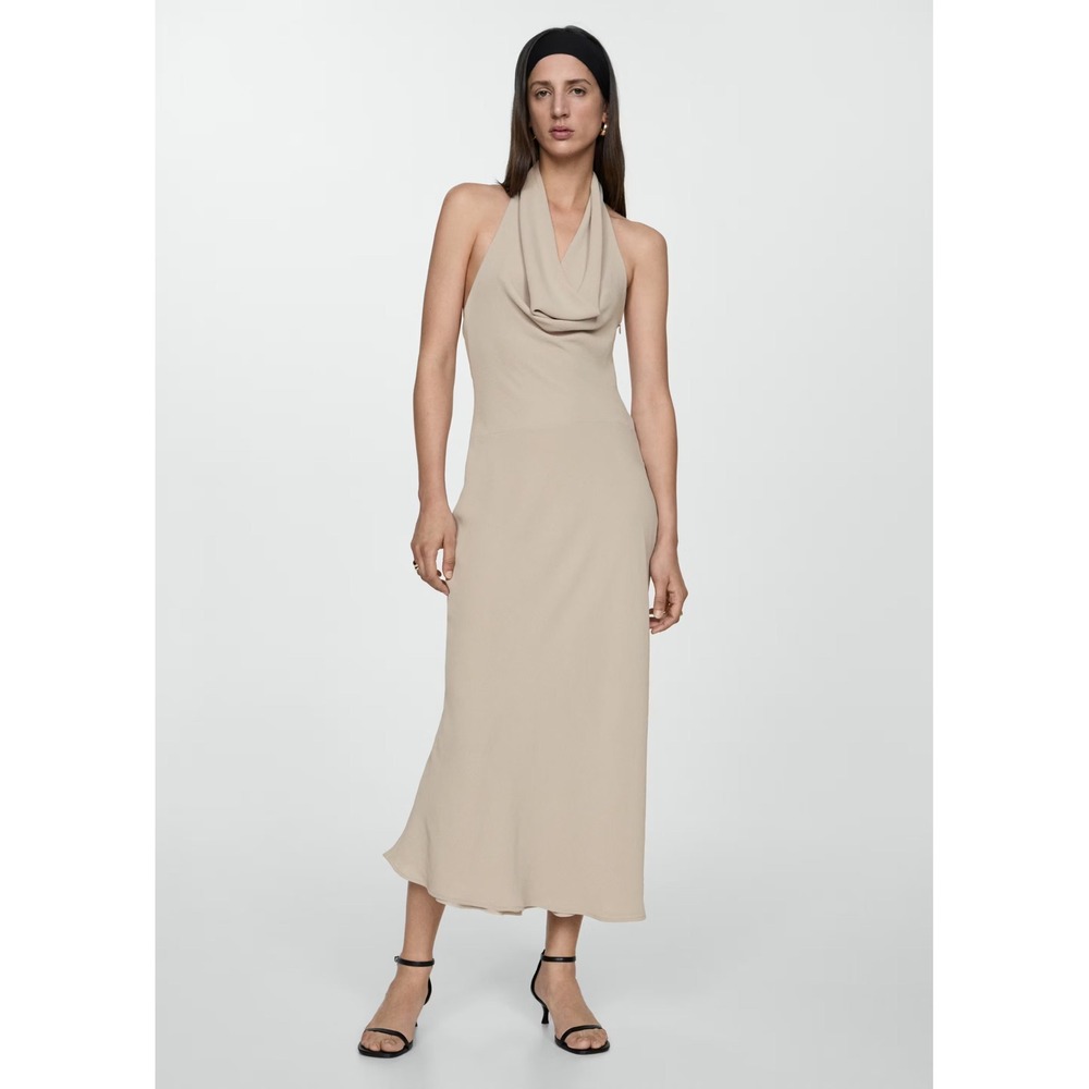 MNG Mango Halter Dress With Draped Neckline In Beige Size 4 Cocktail Event Party
